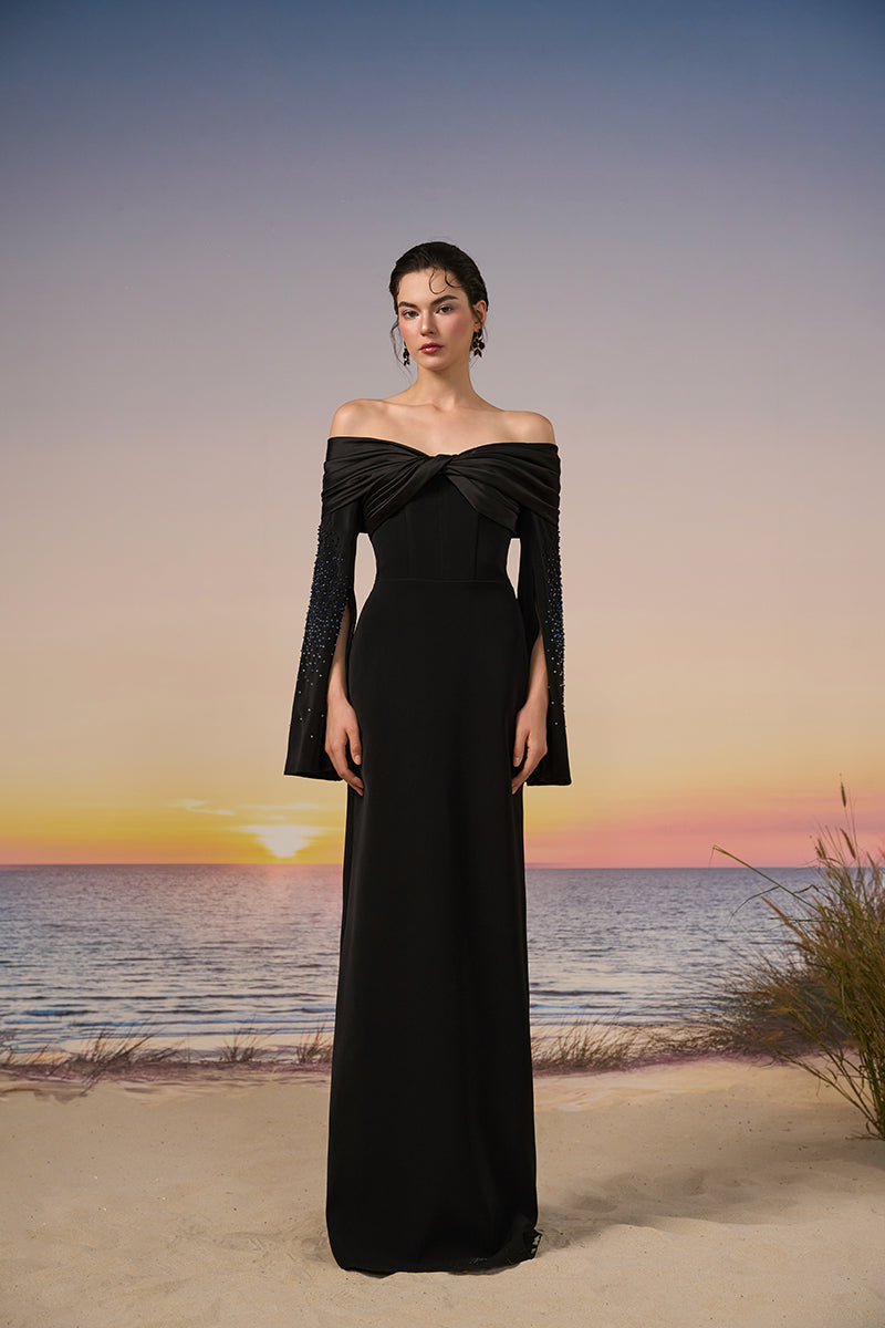 Black Azure crepe gown by 21Six, featuring a sleek design and elegant fit, displayed on a mannequin.