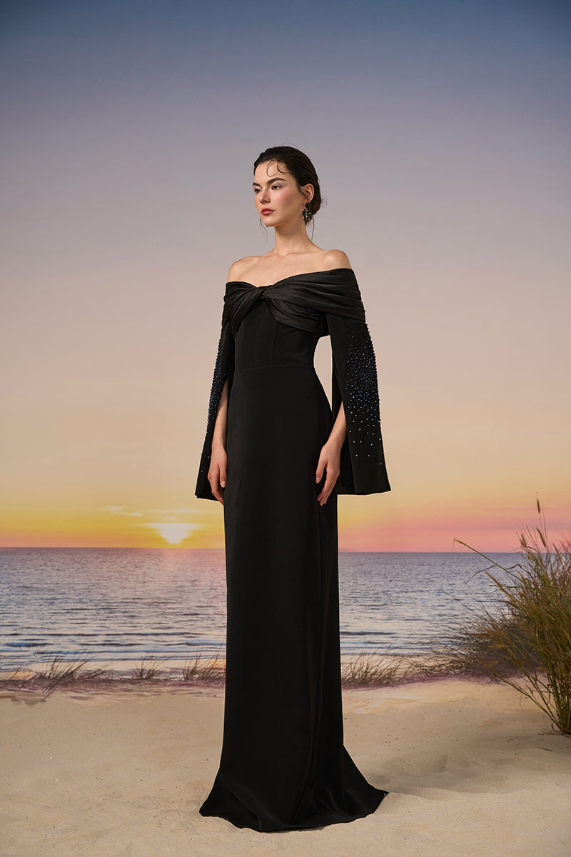 Black Azure crepe gown by 21Six, elegant long dress with a flowing silhouette and subtle fabric texture.