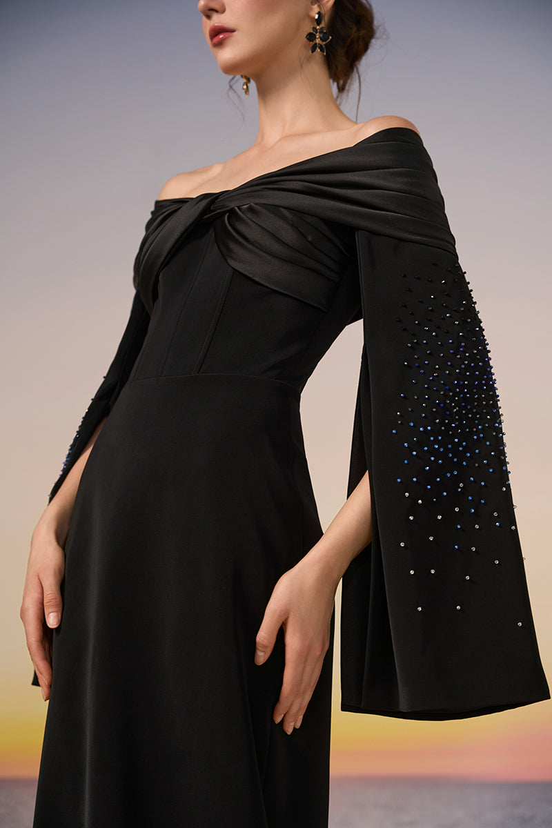 Black Azure Crepe Dress by 21Six, elegant gown featuring a sleek silhouette and stylish crepe fabric.