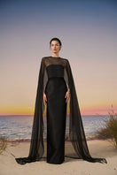Elegant black SIROCCO Royal Taffeta and Silk gown by 21Six, showcasing a flowing, luxurious evening dress with intricate fabric details.