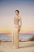 Beige silk satin and tulle gown by 21Six, featuring elegant draping and a flowing silhouette, perfect for formal occasions.