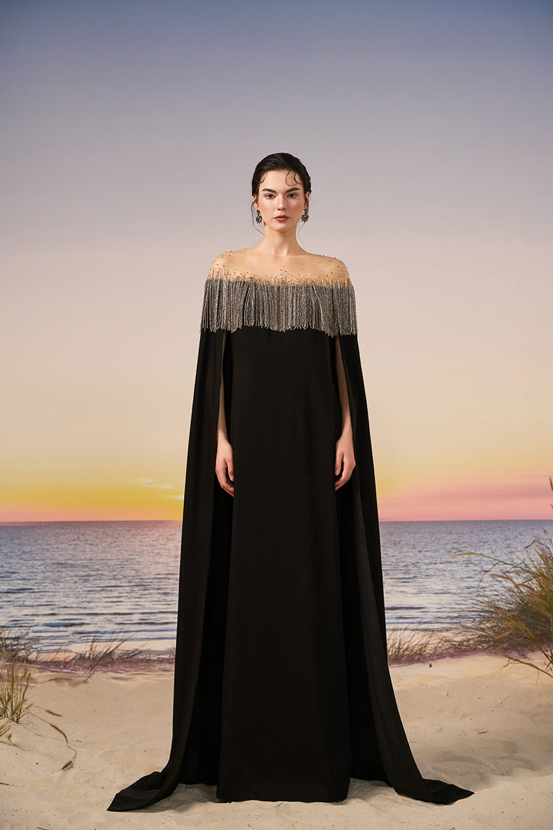 Black ZAHARA crepe gown by 21Six, elegant evening dress with flowing fabric and sophisticated design.
