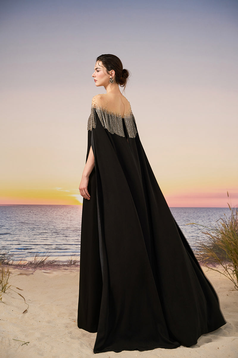 Black ZAHARA crepe gown by 21Six, elegant long dress with a flowing silhouette, perfect for formal occasions.