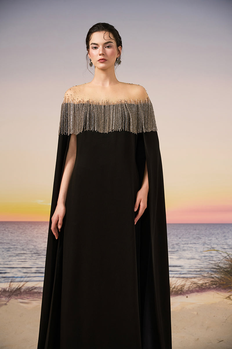 Black ZAHARA crepe gown by 21Six, featuring elegant fabric and a flowing silhouette, shown in this stylish product image.