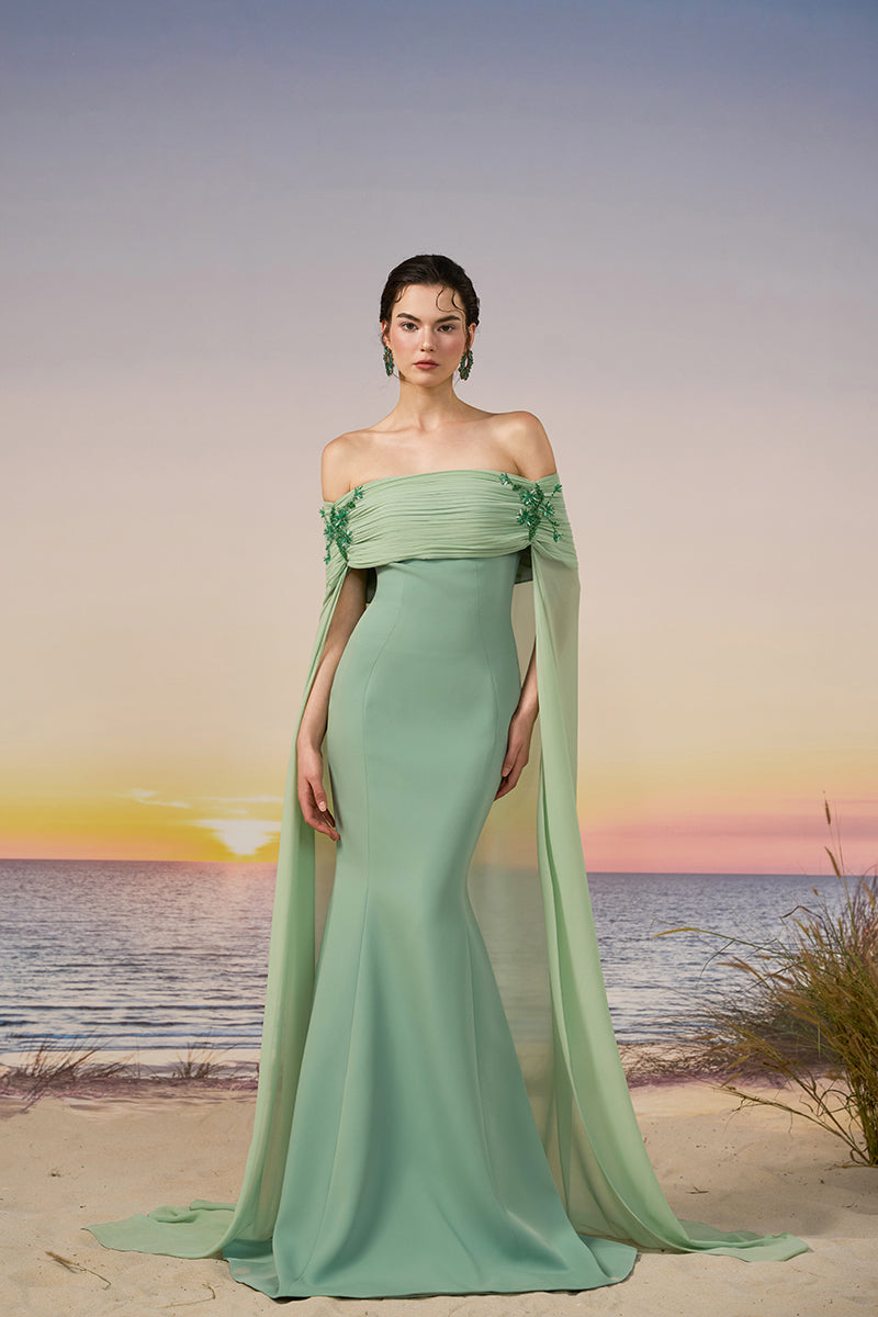 VANA CREPE AND CHIFFON DRESS IN MINT VANA CREPE AND CHIFFON DRESS IN MINT