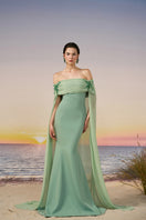 Mint VANA crepe and chiffon gown by 21Six with flowing fabric and elegant design, perfect for formal occasions.