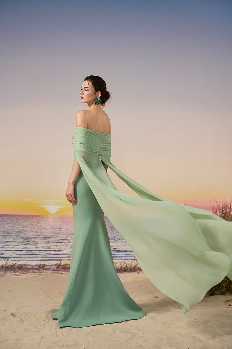 green flowy dress Sage Mini with Cape | Beach Wedding Guest & Resort Wear short sleeves Chiffon Mint Flowy Dress Mint