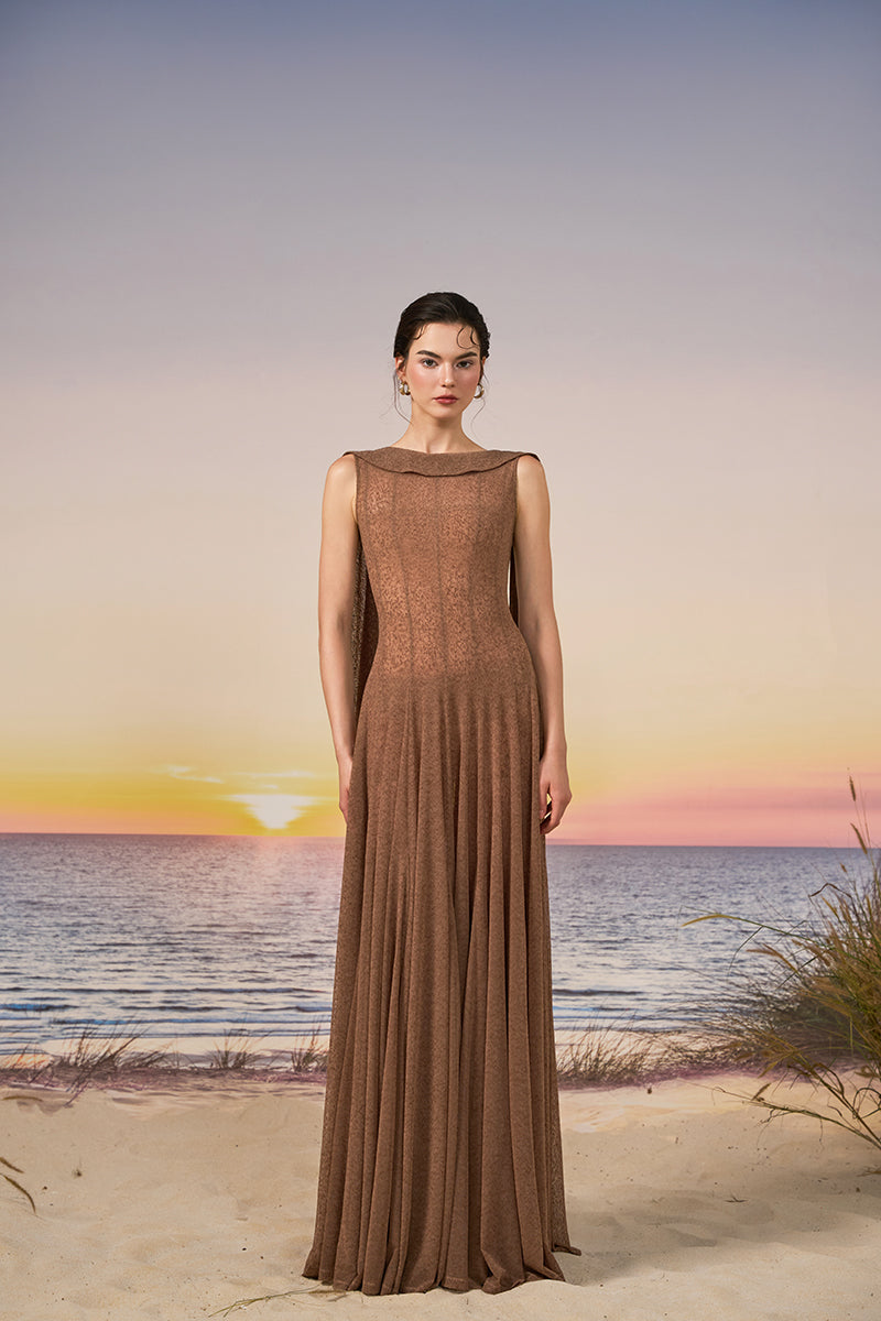 Brown INDA Tulle Jersey gown by 21Six, featuring elegant tulle fabric and a flowing silhouette, perfect for formal occasions.