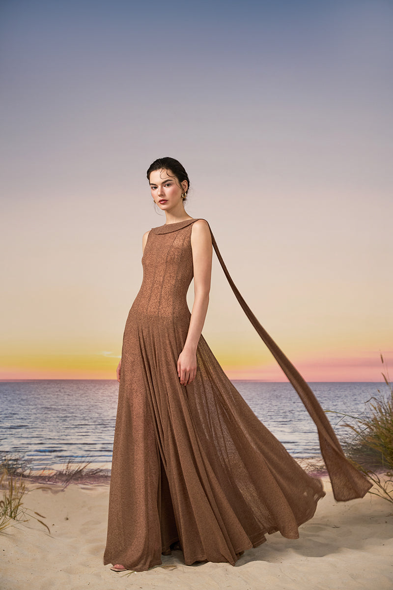 INDA TULLE JERSEY DRESS IN BROWN | CULT MIA