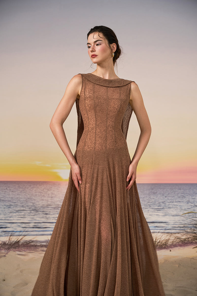 INDA TULLE JERSEY DRESS IN BROWN