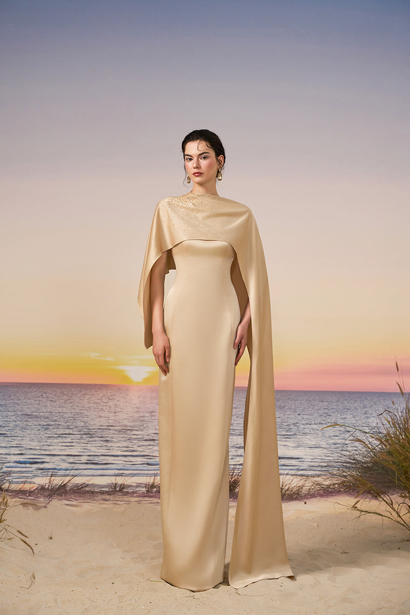 CULT MIA X 21SIX NALA SILK SATIN DRESS IN BEIGE