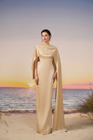 Beige CULT MIA X 21Six Nala silk satin gown by 21Six, featuring elegant flowing fabric and a sophisticated design.