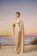 Beige CULT MIA X 21Six Nala silk satin gown with a flowing design, featuring elegant draping and a smooth, shiny finish.