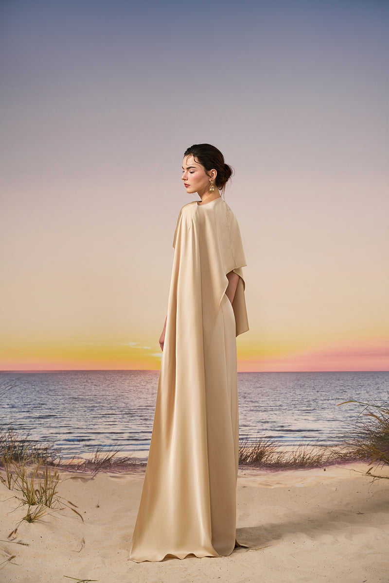 Beige CULT MIA X 21Six Nala silk satin gown with elegant draping and long sleeves, designed by 21Six.