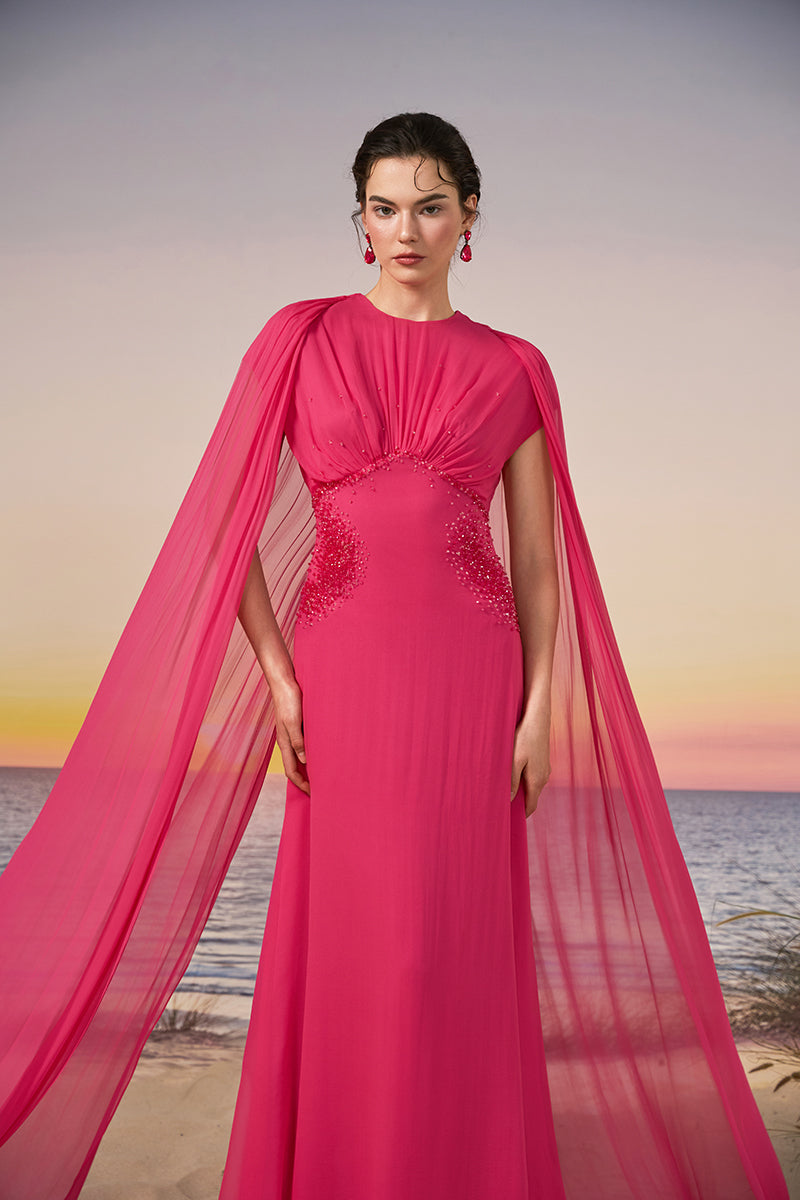 fuschia chiffon maxi dress Women's Fuschia Chiffon Plunge Neck Drape Front Split Backless Maxi Dress, fuchsia