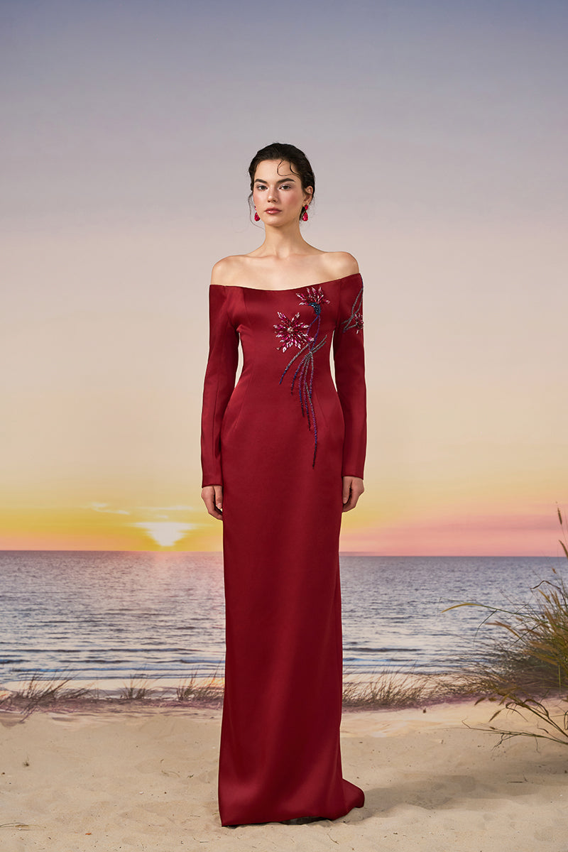 Red Soraya Silk Taffeta gown by 21Six, featuring elegant fabric and classic design, displayed on a mannequin.