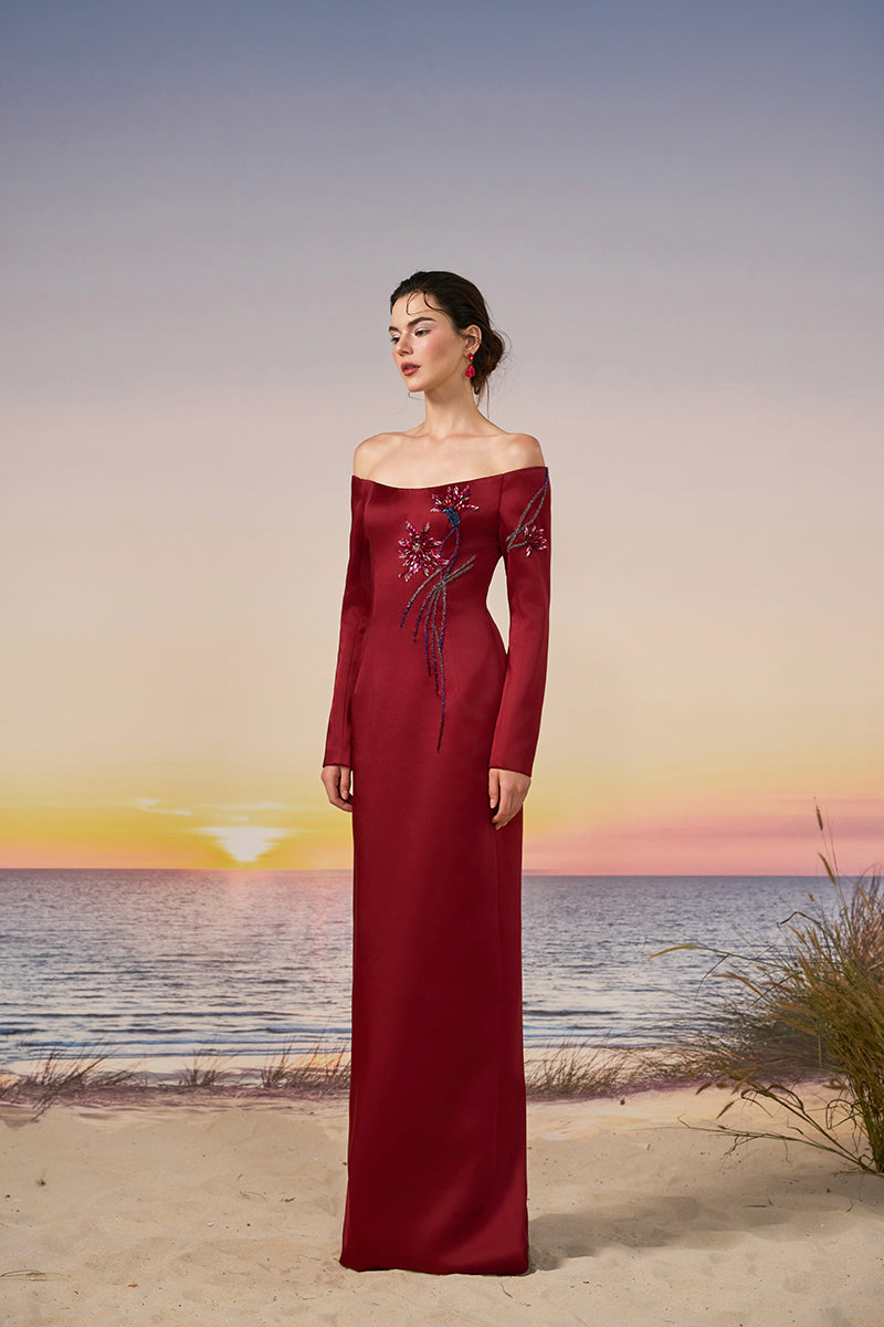Red Soraya silk taffeta gown by 21Six, showcasing elegant fabric and classic design, perfect for formal occasions.