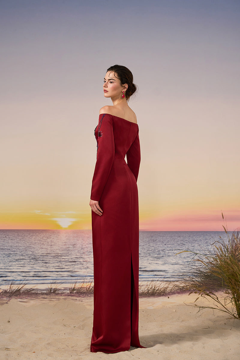Red Soraya silk taffeta gown by 21Six, featuring elegant design with flowing fabric and sophisticated style.