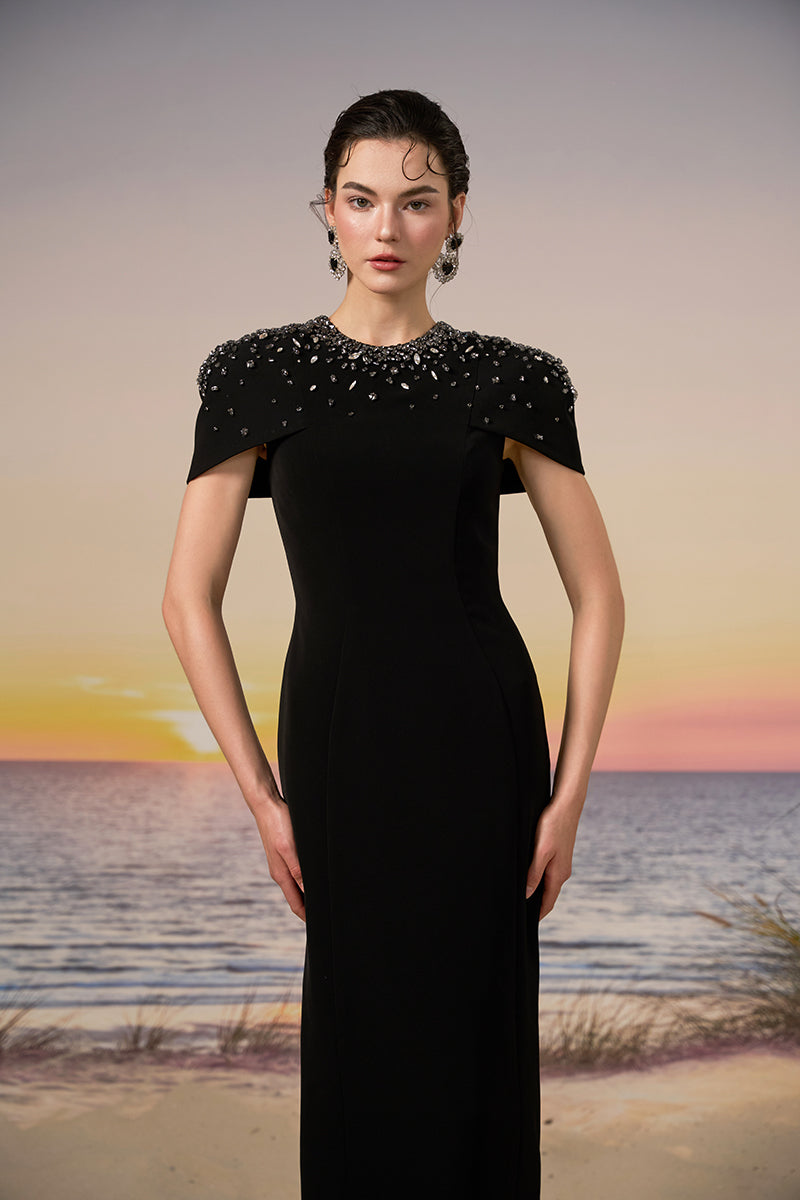 black crepe dress with sleeves Lou Embroidered Crepe Bell Sleeve Dress Tadashi Shoji Official Online Boutique