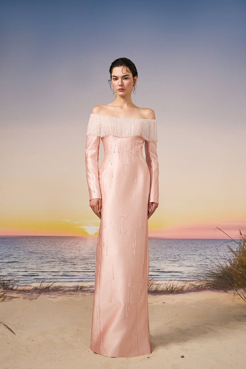 Light pink Talia Royal Taffeta gown by 21Six, elegant dress with flowing fabric and intricate details, perfect for formal occasions.