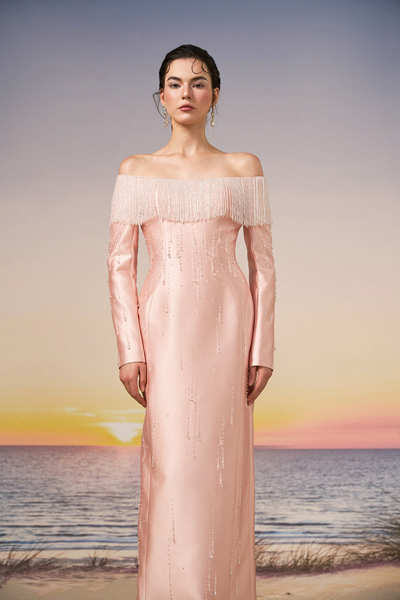 Light pink Talia Royal Taffeta gown by 21Six, elegant formal dress with flowing fabric and classic silhouette.