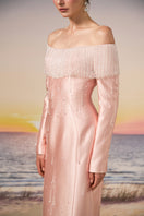Light pink Talia Royal Taffeta gown by 21Six, elegant formal dress with a fitted bodice and flowing skirt.