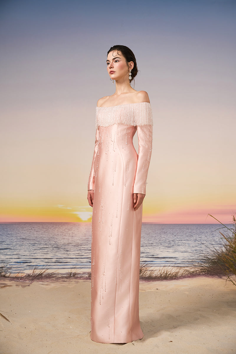 Light pink TALIA Royal Taffeta gown by 21Six, elegant evening dress with full skirt and fitted bodice, shown on a mannequin.