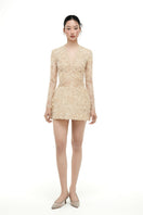 Beige Annalise lace mini dress by 21Six, featuring intricate lace details and a stylish fit, shown on a model.