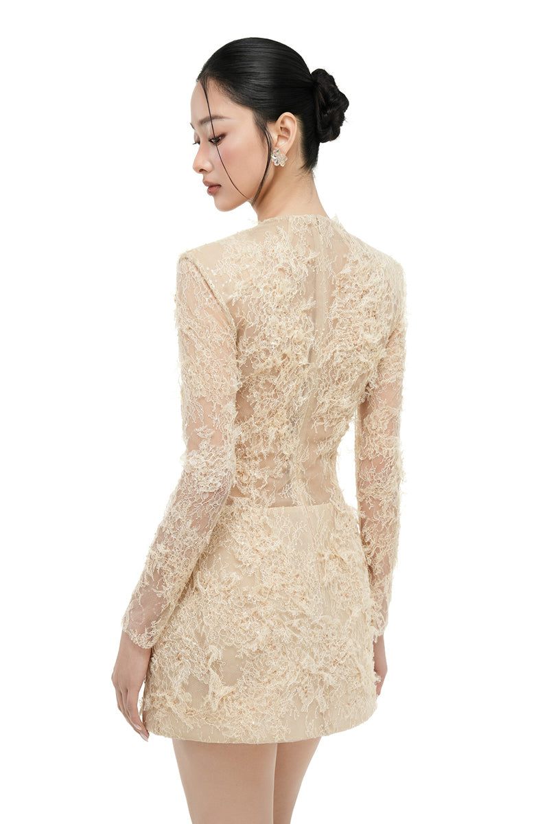 Beige ANNALISE lace mini dress by 21Six, featuring intricate lace details and a stylish, fitted silhouette.