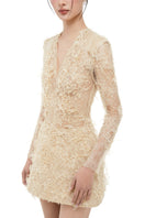Beige lace mini dress from 21Six's Annalise collection, featuring intricate lace details and a stylish fit.