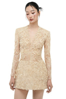 Beige Annalise lace mini dress by 21Six featuring intricate lace details and a fitted silhouette.