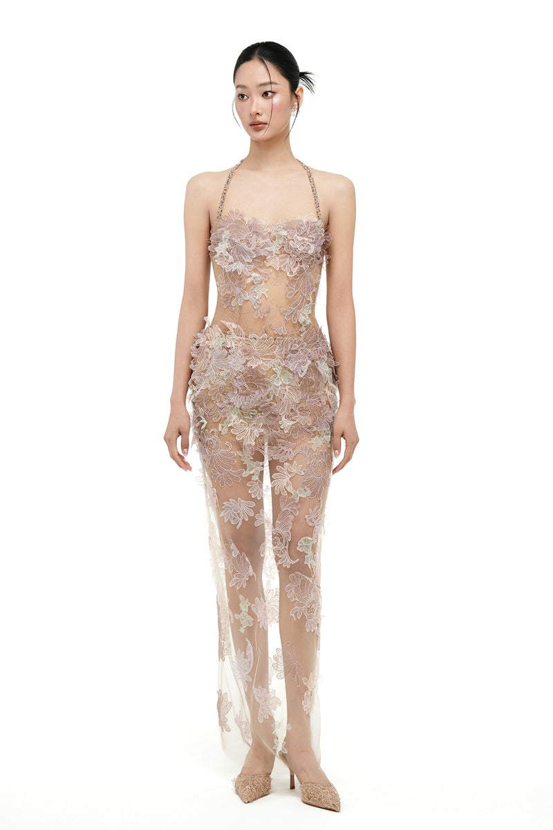 Beige Odessa Tulle Maxi Dress by 21Six featuring flowing tulle fabric and elegant design, perfect for formal occasions.