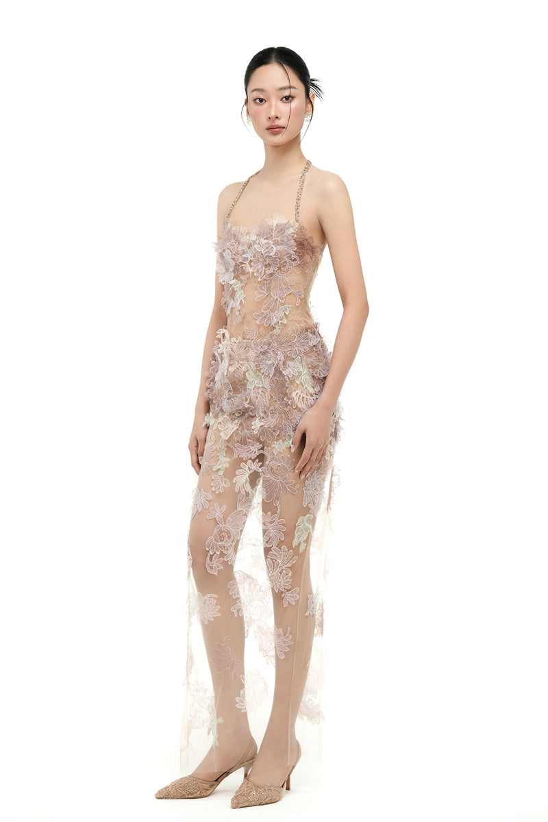 Beige Odessa tulle dress by 21Six, flowing maxi dress with delicate tulle fabric and elegant design.