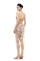Beige Odessa tulle maxi dress by 21Six featuring delicate tulle fabric and flowing silhouette, perfect for elegant occasions.