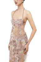 Beige Odessa tulle maxi dress by 21Six featuring flowing tulle fabric and elegant design, perfect for formal occasions.