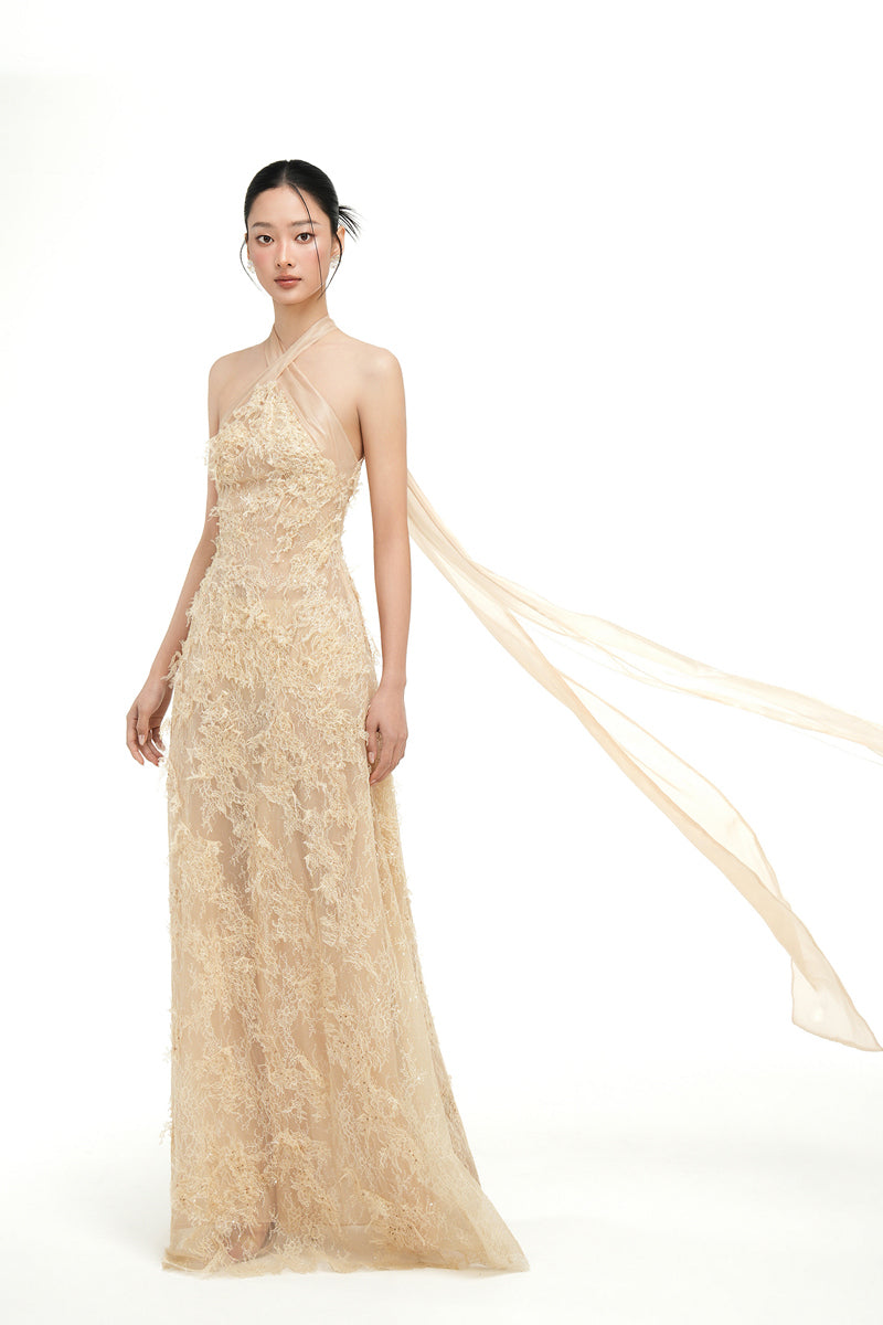 Beige ALISA lace gown by 21Six, featuring intricate lace detailing and a flowing silhouette, perfect for elegant events.
