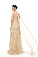 Beige Alisa lace gown by 21Six featuring intricate lace details and a flowing silhouette, perfect for elegant occasions.