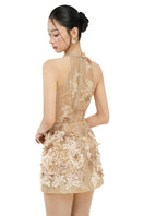 Beige Emilia lace mini dress by 21Six, featuring delicate lace fabric and a fitted silhouette, displayed on a hanger.