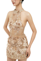 Beige Emilia lace mini dress by 21Six, featuring delicate lace fabric and a stylish, fitted silhouette.