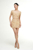 Beige Mirabelle tulle mini dress by 21Six featuring a flowy silhouette and delicate fabric, ideal for elegant occasions.