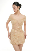 Beige Mirabelle tulle mini dress by 21Six, featuring delicate tulle fabric and a stylish, feminine silhouette.