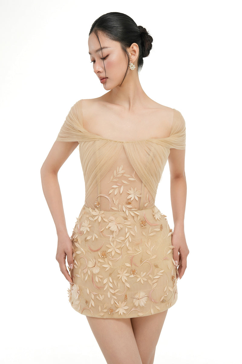 Beige Mirabelle tulle mini dress by 21Six, featuring delicate tulle fabric and a stylish, feminine silhouette.