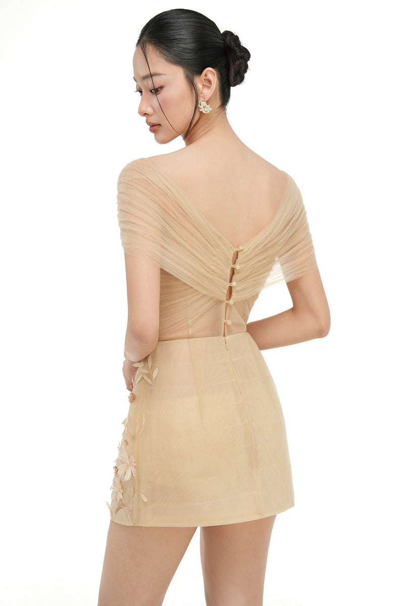 Beige Mirabelle tulle mini dress by 21Six featuring delicate fabric and elegant design, perfect for stylish occasions.