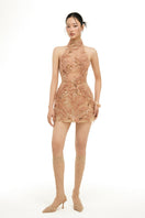 Beige Sophia tulle mini dress by 21Six featuring a flowy, layered design perfect for elegant occasions.