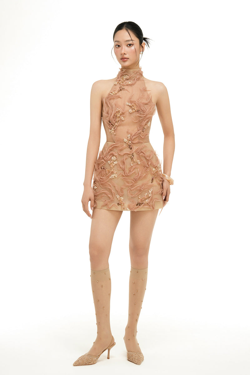 Beige Sophia tulle mini dress by 21Six featuring a flowy, layered design perfect for elegant occasions.