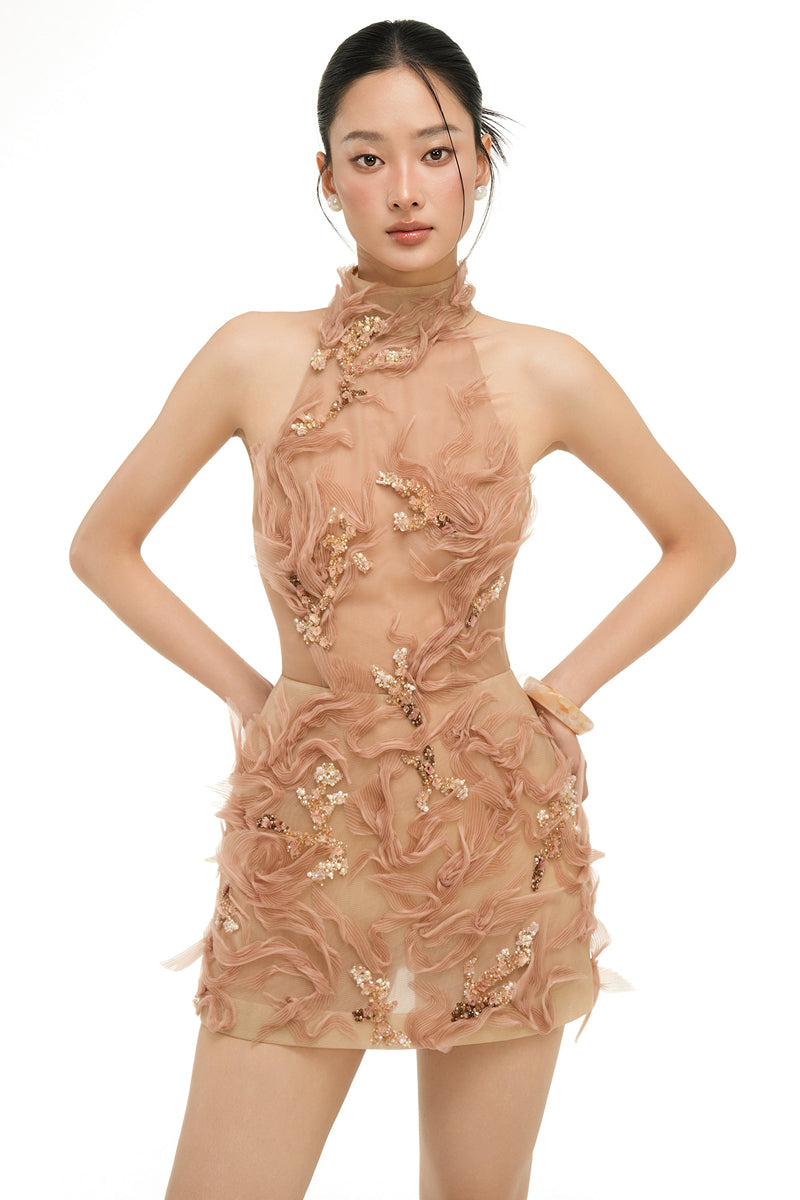 Beige Sophia tulle mini dress by 21Six featuring a delicate, layered tulle skirt and fitted bodice.