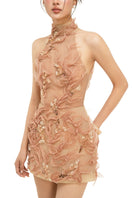 Beige Sophia tulle mini dress by 21Six with delicate, layered tulle fabric and elegant design, perfect for special occasions.