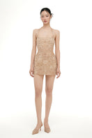 Beige ELISA lace mini dress by 21Six, shown with intricate lace details and a stylish, fitted silhouette.
