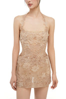Beige ELISA lace mini dress by 21Six featuring intricate lace details and a fitted silhouette.
