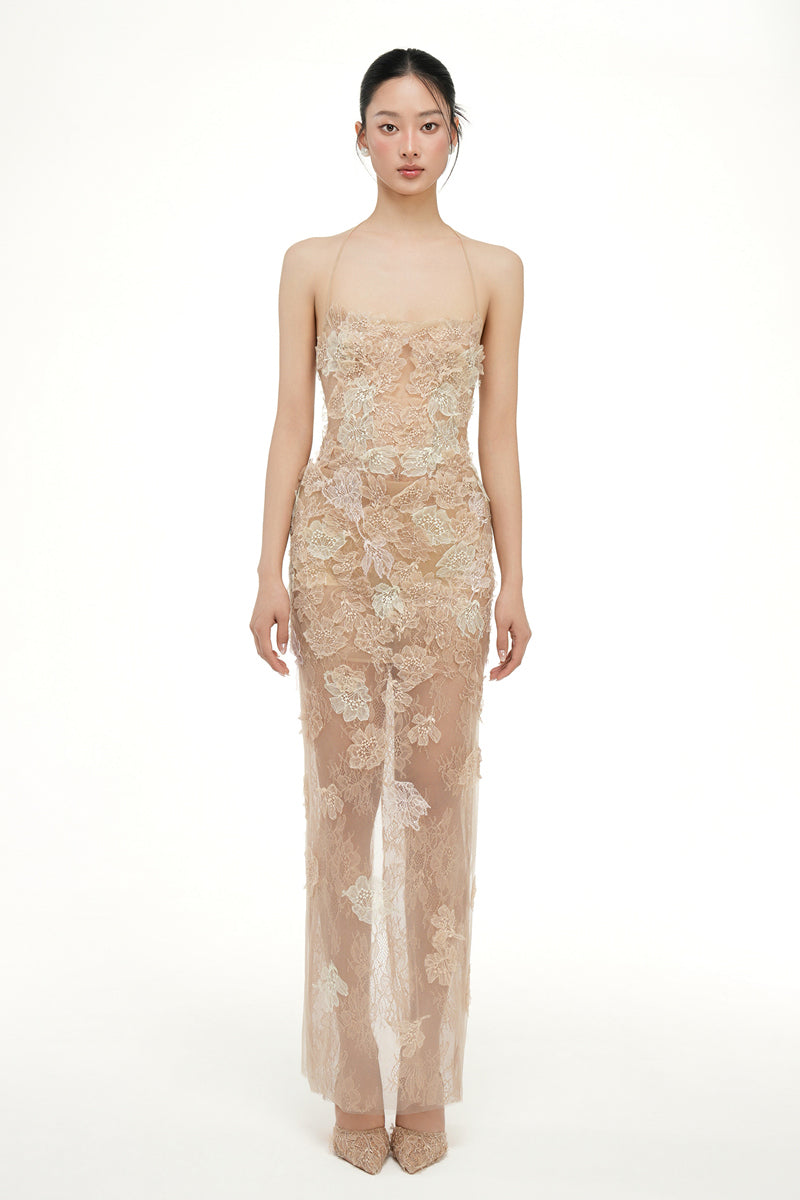Beige Annabelle tulle maxi dress by 21Six, featuring flowing fabric and elegant design, suitable for special occasions.